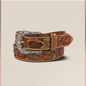Ariat Western Womens Belt Leather Calf Hair Underlay Turq Stones Tooled Size XL